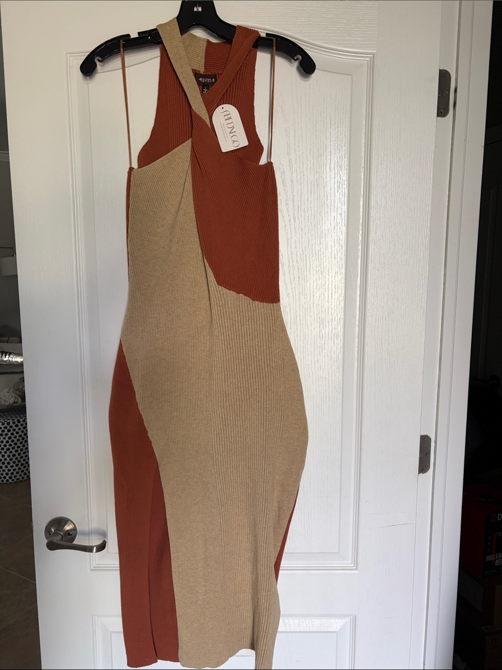 Amiana Rust and Beige Colorblock Halter Midi Dress